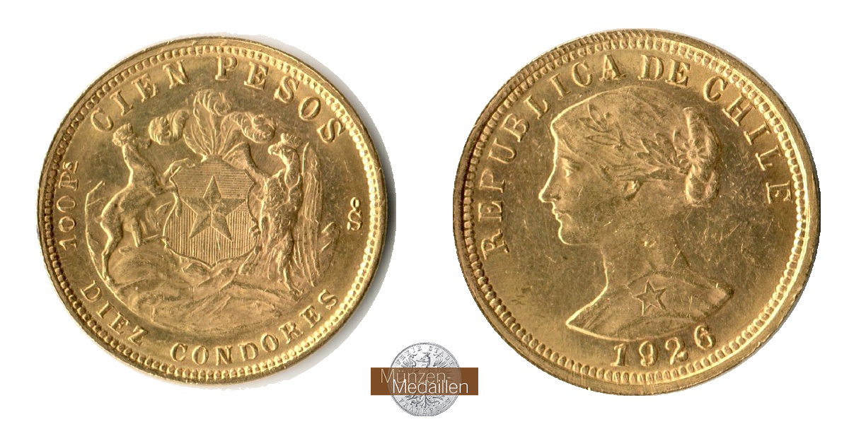  Chile 100 Pesos 1926 MM-Frankfurt KM#170 Feingold: 18,3g   