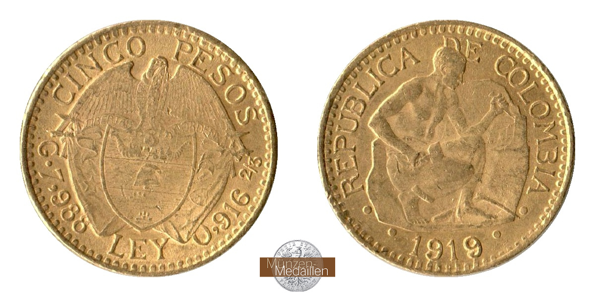 Kolumbien MM-Frankfurt  Feingold: 7,32g 5 Pesos 1919 