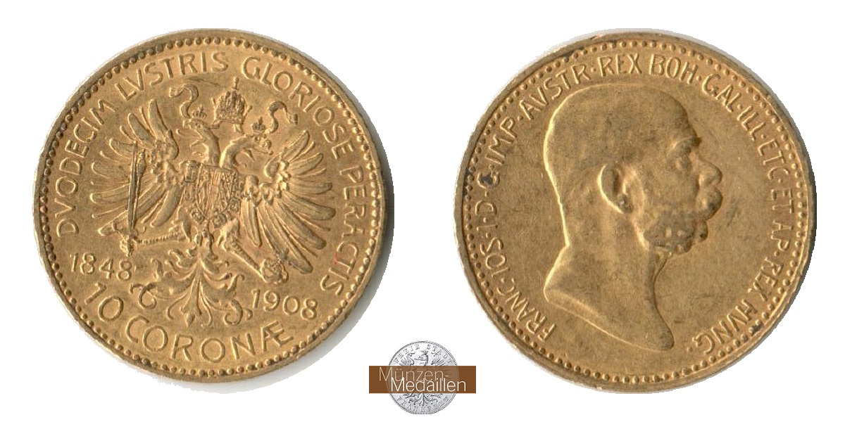 Österreich. Franz Josef I. 1848-1916 MM-Frankfurt Feingold: 3,05g 10 Kronen 1908  