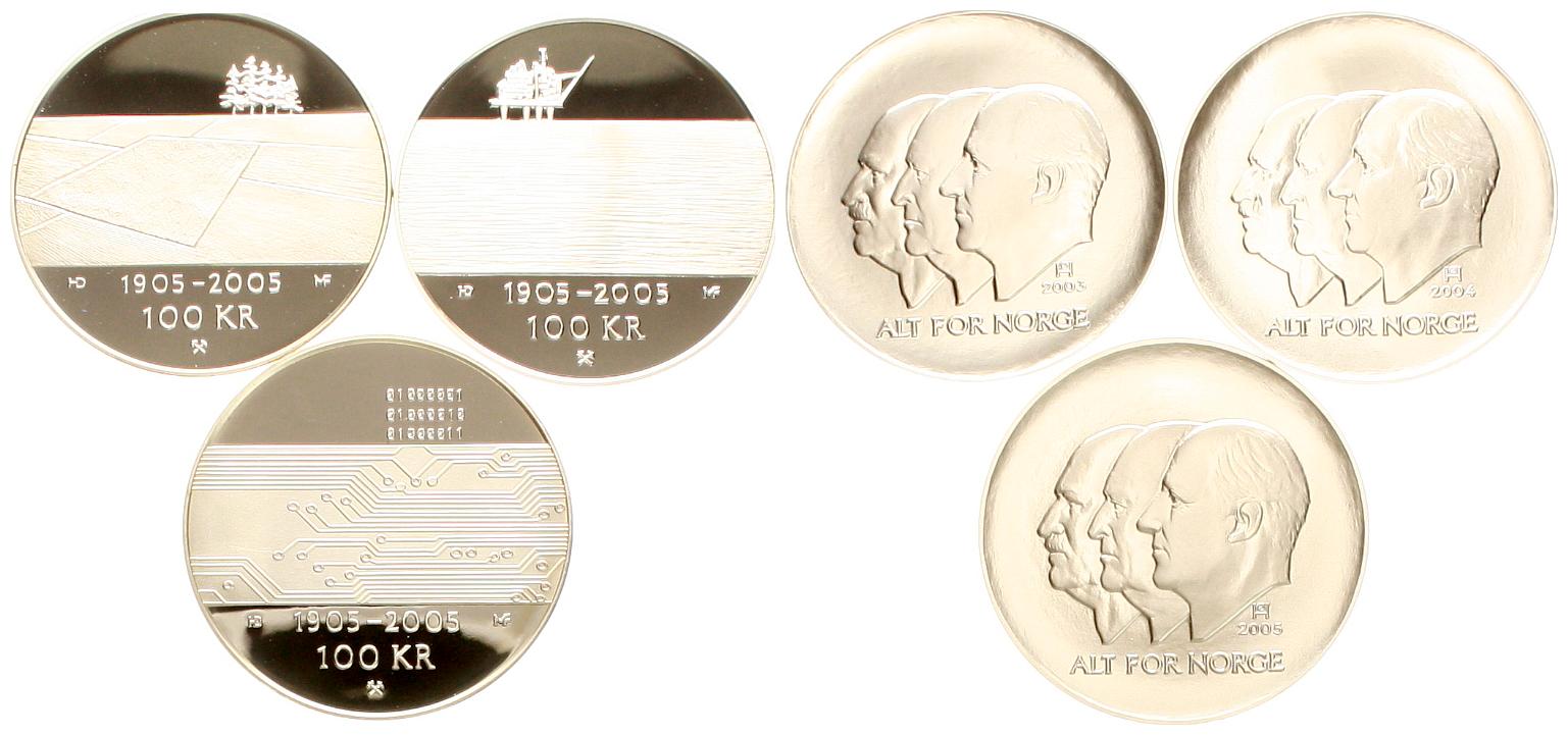  Norwegen: Harald V., 1991-2026, 3 x 100 Kroner, Unionsoppløsning, 3 Unzen Feinsilber, siehe unten!   