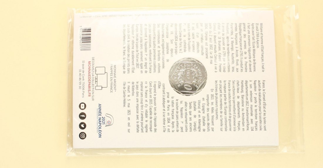  Frankreich: 10 € 2021 auf Napoleon Bonaparte, 17 Gramm 333er, im Blister originalverpackt   