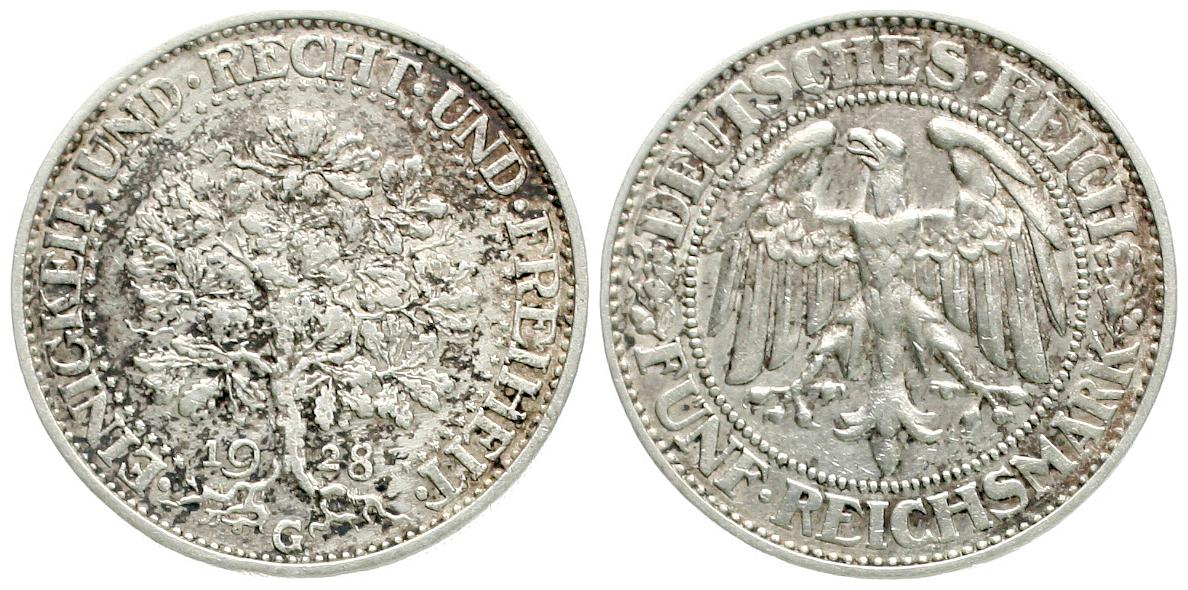  Weimarer Repuplik: 5 Mark 1928 G, Eichbaum, siehe Bilder!   