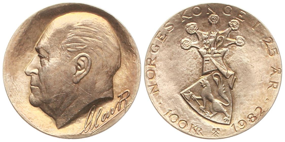  Norwegen: Olav V., 100 Kroner 1982, 25,73 gr. 925er Silber, 22,88 fein, 25. Regierungsjubiläum   