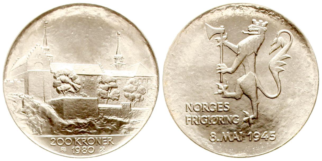  Norwegen: Olav V. 200 Kroner 1980, 35 Jahre Kriegsende, 27,30 gr. 625er Silber (17,08 fein)   