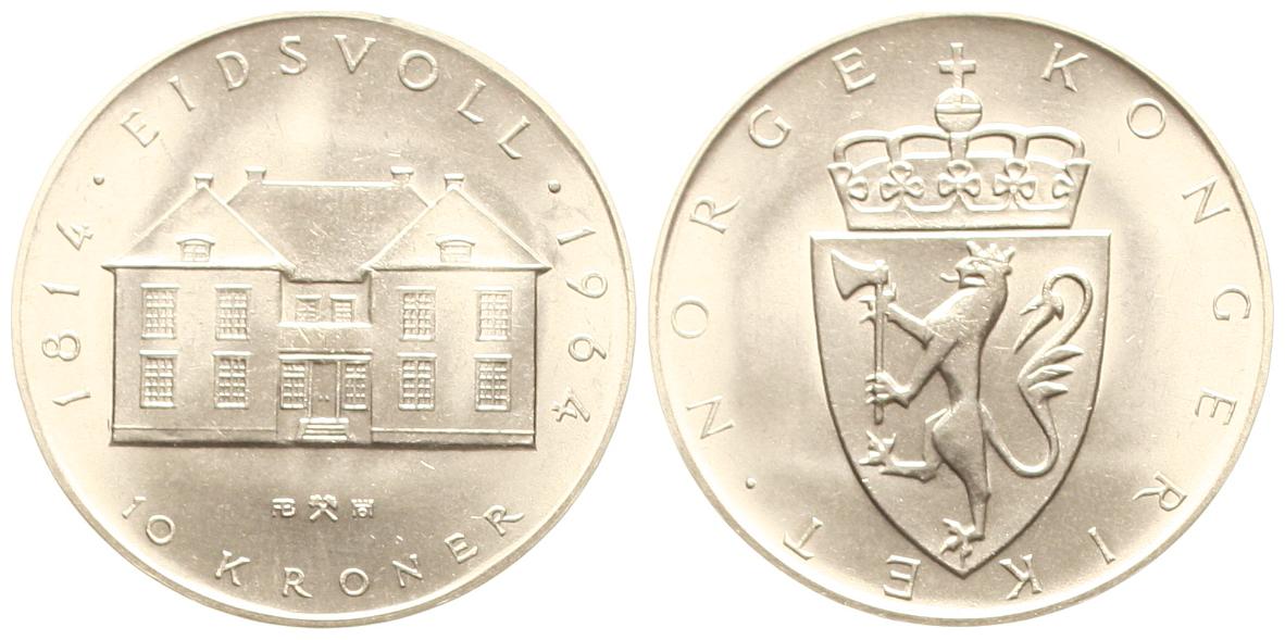  Norwegen: Olav V., 10 Kroner 1964 auf das 150. jährige Jubiläum des Grundgesetzes, näheres unten!   