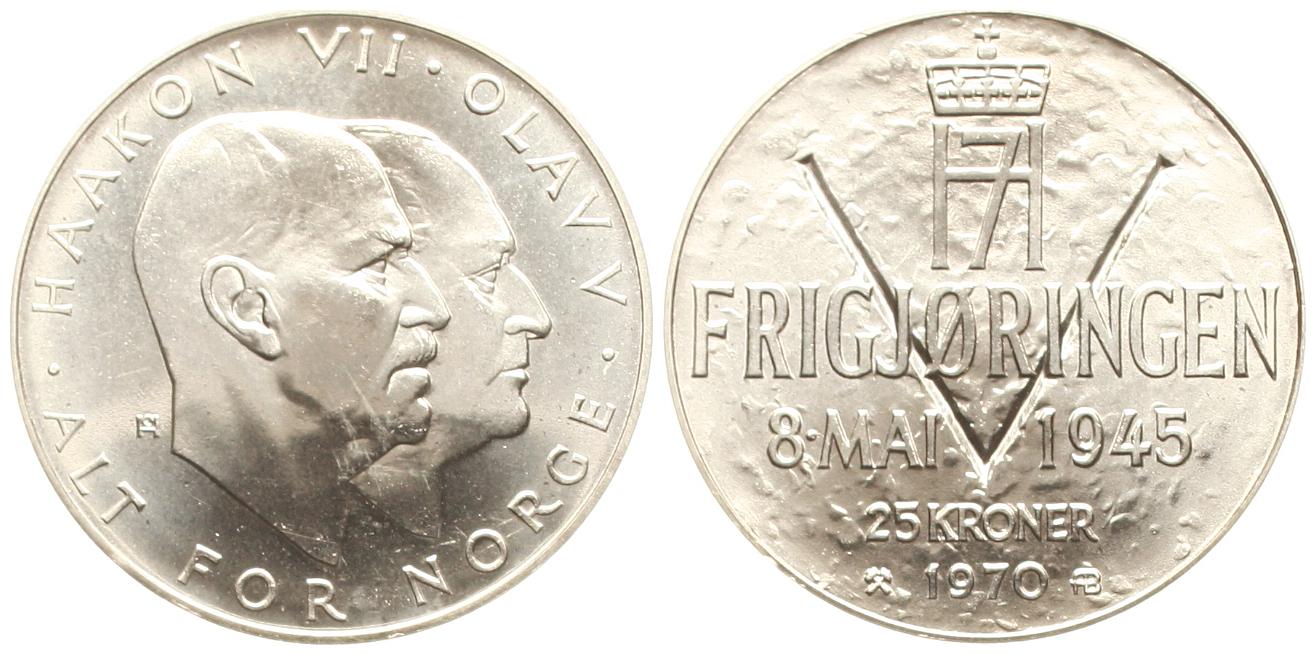  Norwegen: Olav V., 25 Kroner 1970, 29,00 gr. 875er Silber 25,37 fein, 25 jähriges Regierungsjubiläum   