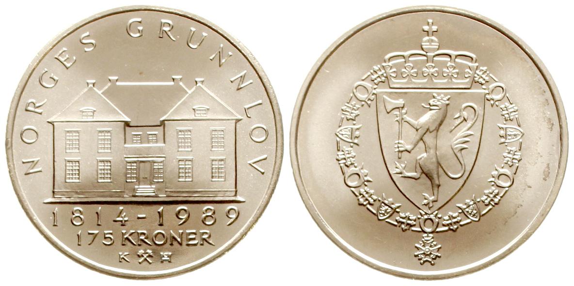  Norwegen: Olav V., 175 Kroner 1989 auf das 175. jährige Jubiläum des Grundgesetzes, näheres unten!   