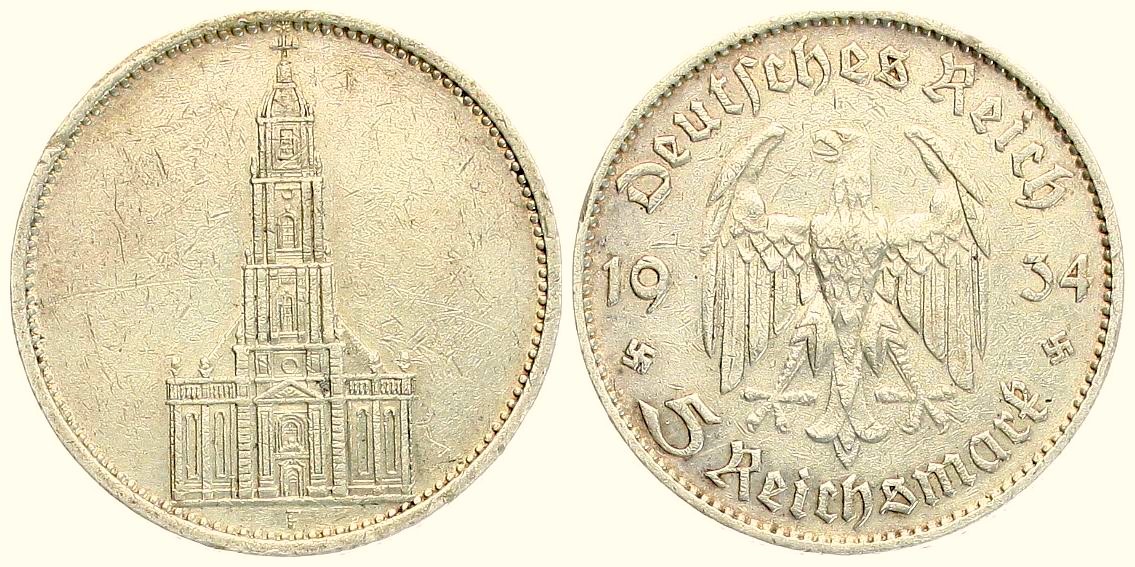 Deutschland: Drittes Reich, 5 Mark 1934 F, 13,88 gr. 900er Silber, 12,5 gr, fein   