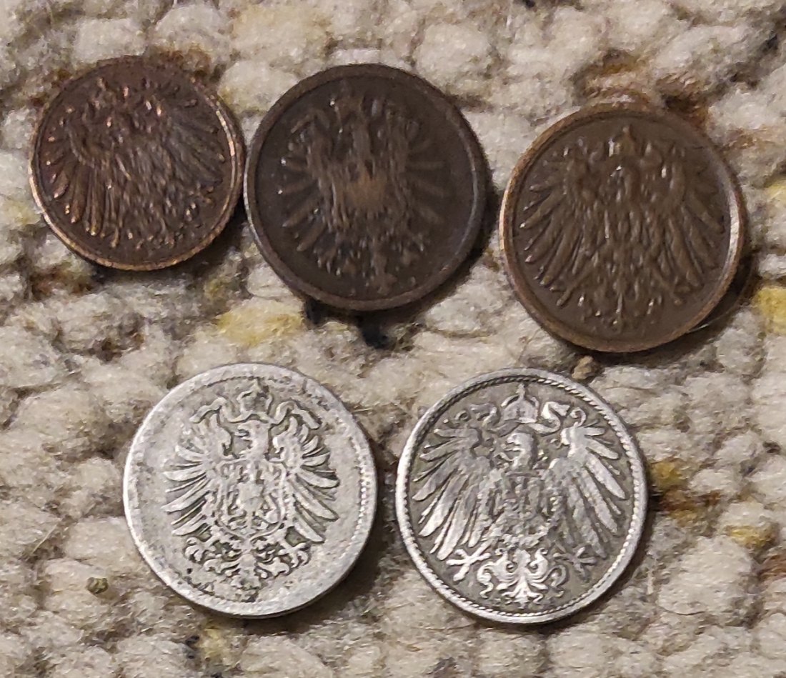  d003: Deutsches Kaiserreich Münzlot mit 5 verschiedenen Münzen   