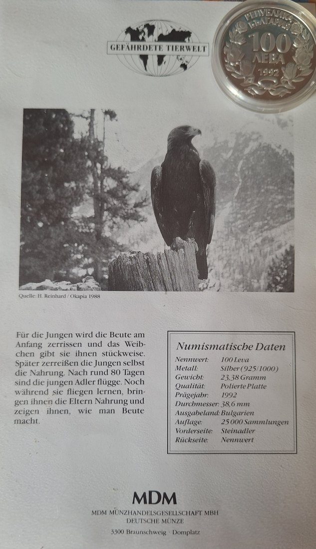  Bulgarien, 100 Lewa, 1992 Steinadler Silber ex 25.000   