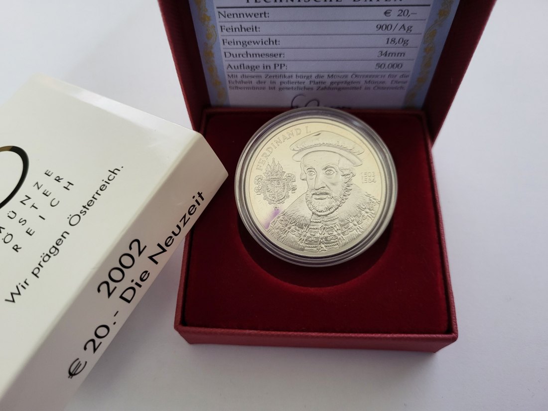  20 Euro 2002 Die Neuzeit Ferdinand I 900/20g 18g fein silber Österreich Spittalgold9800 (5370   