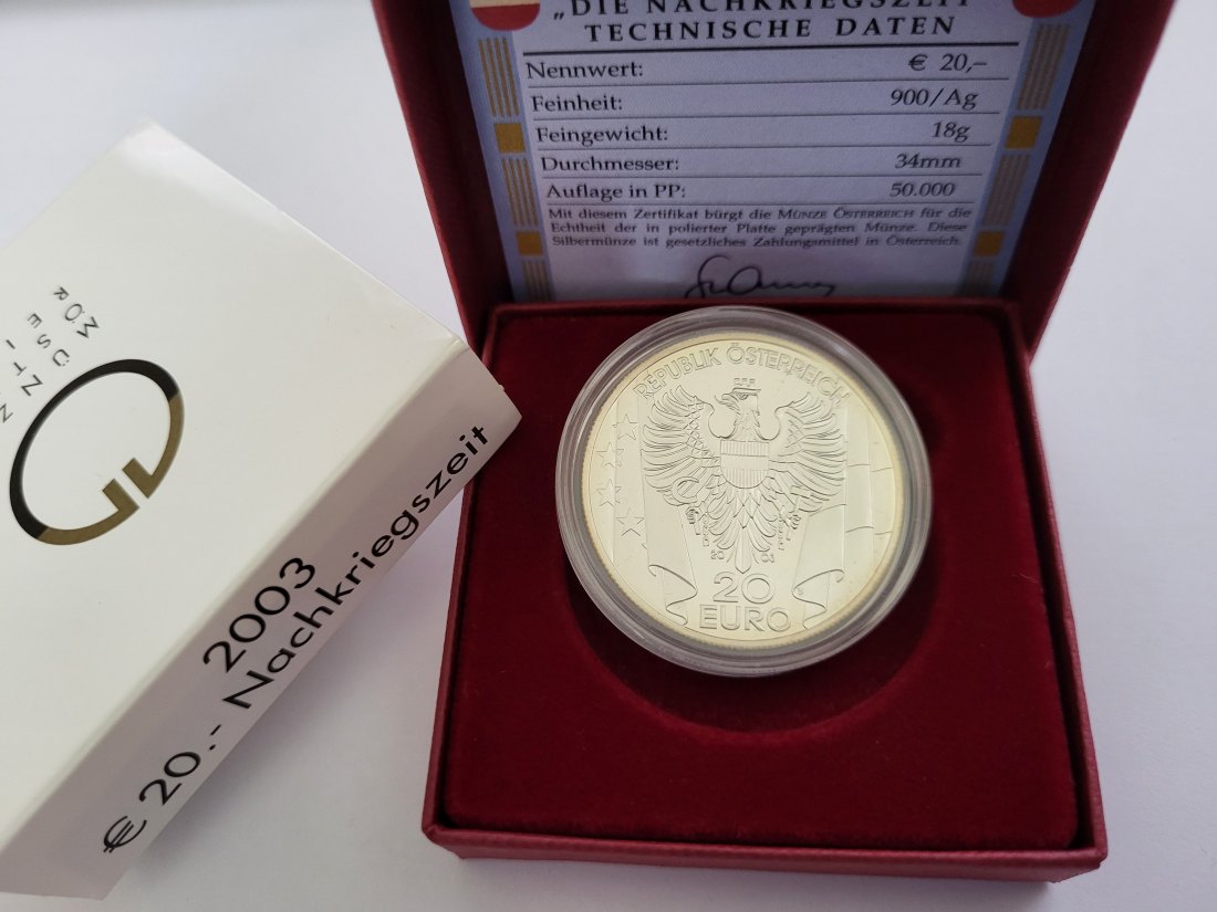  20 Euro 2003 Nachkriegszeit 900/20g 18g fein silber Österreich Spittalgold9800 (5370   