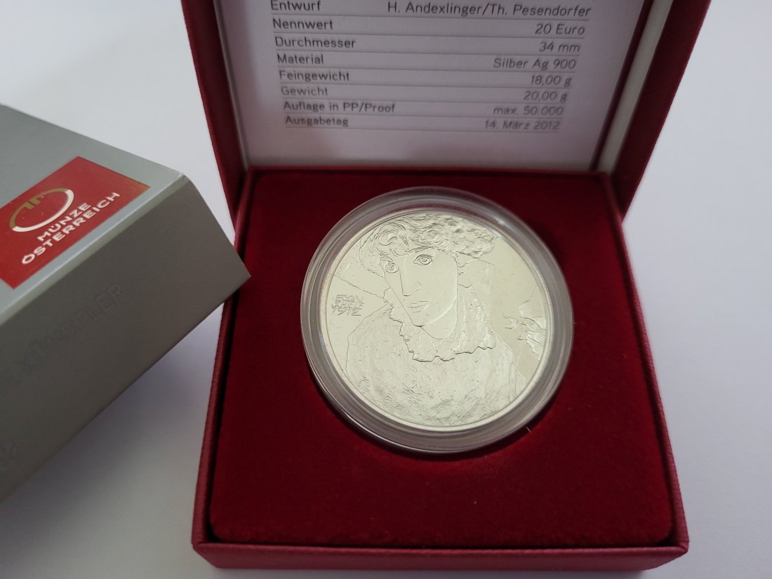  20 Euro 2012 Egon Schiele Künstler 900/20g 18g fein silber Österreich Spittalgold9800 (5370   