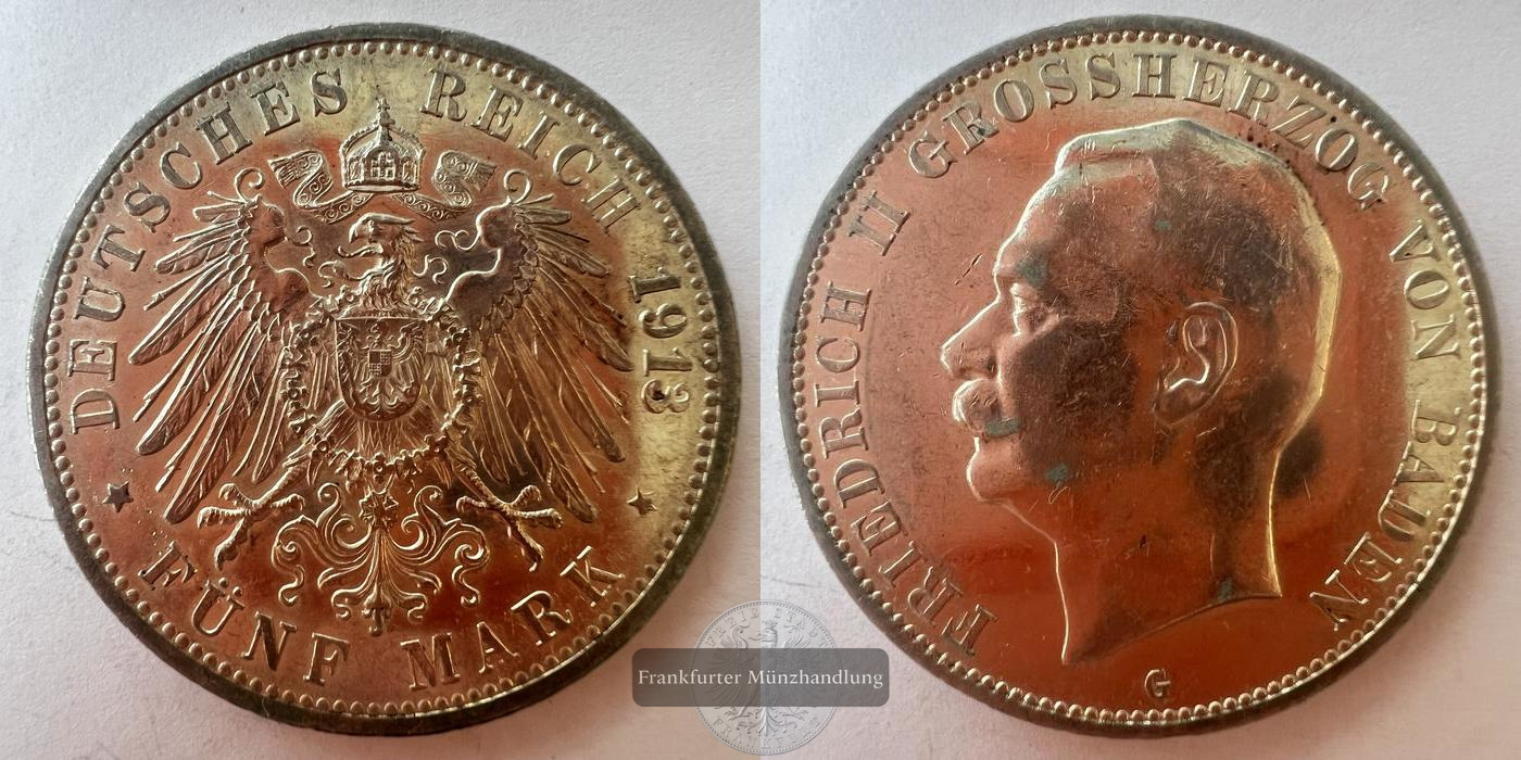  Dt. Reich 1913  5 Mark - Frederick II G FM-FRANKFURT KM#281 Feinsilber: 25g   