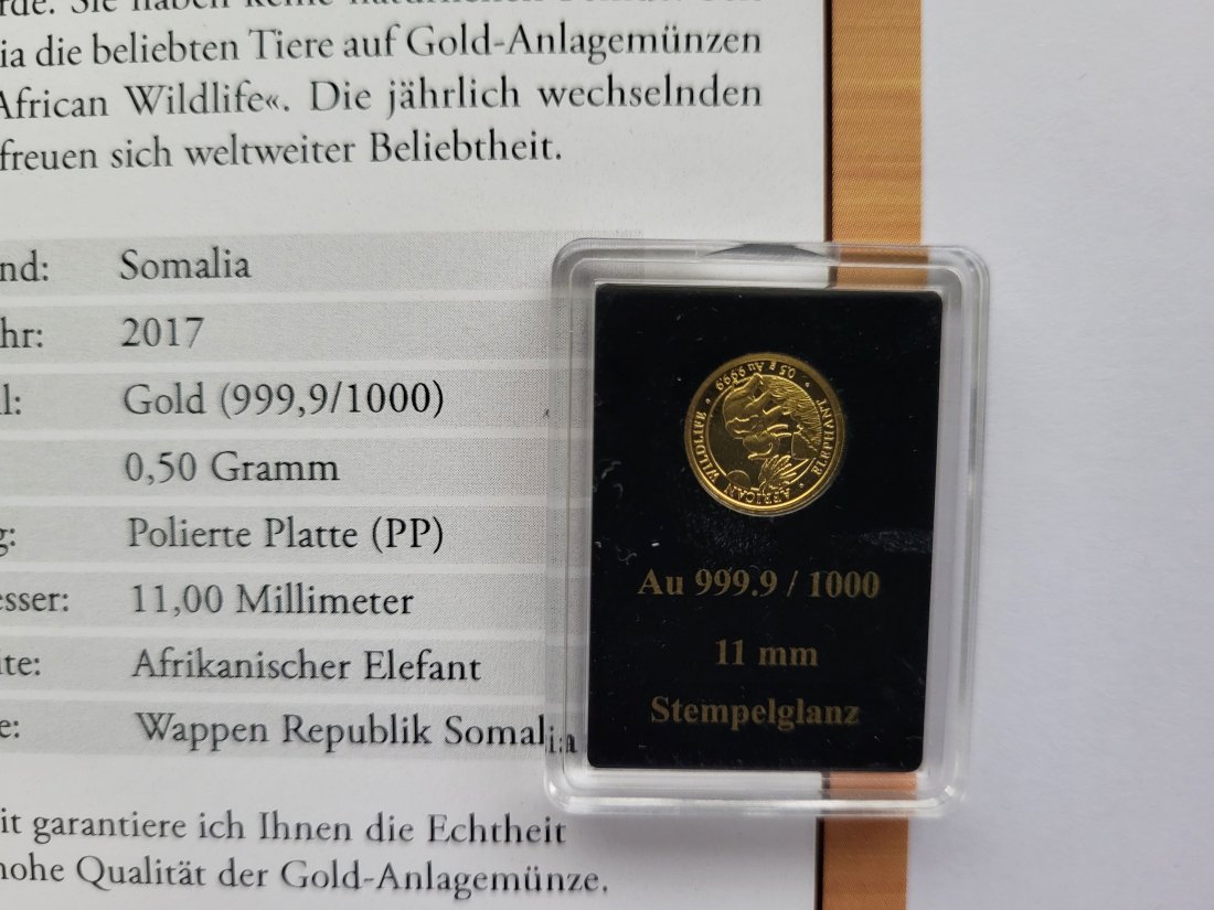 20 Shillings 2017 Elefant Goldmünze 999,9/0,5g Somalia Spittalgold9800 (5525)   