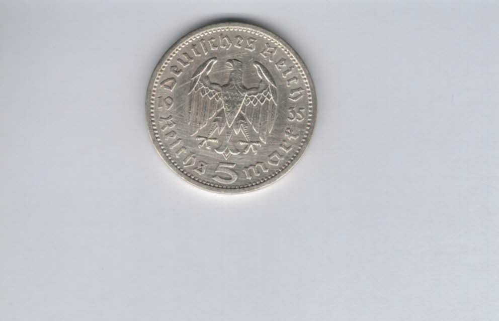  5 Mark 1935 A Paul von Hindenburg Reichsmark silber 12,5g fein Deutschland Spittalgold9800 (4975)   