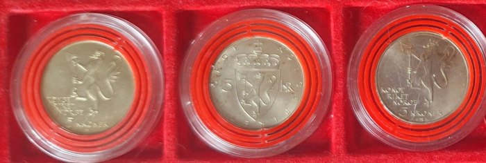  Norwegen 3x5 Kroner 1975 (2x) 1978 König Olaf V gekapselt   