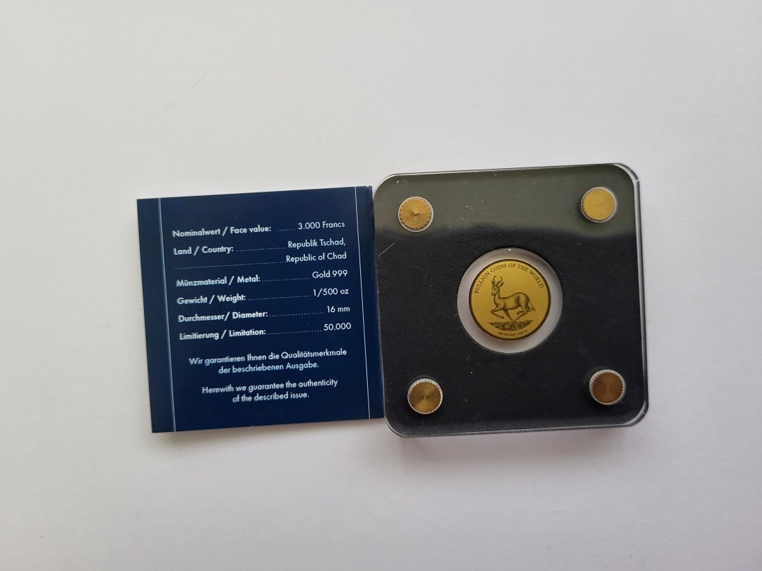  3000 Francs 2019 Springbock 1/500 Oz 999 Goldmünze Tchad Tschad Spittalgold9800 (5528   