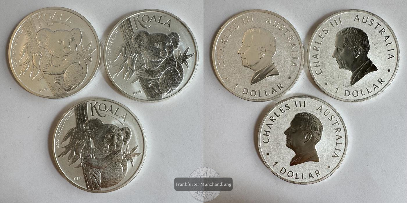  Australien 3x 1 Dollar 2024 Koala (Charles III) FM-Frankfurt KM#4734 Feinsilber: 93,3g   