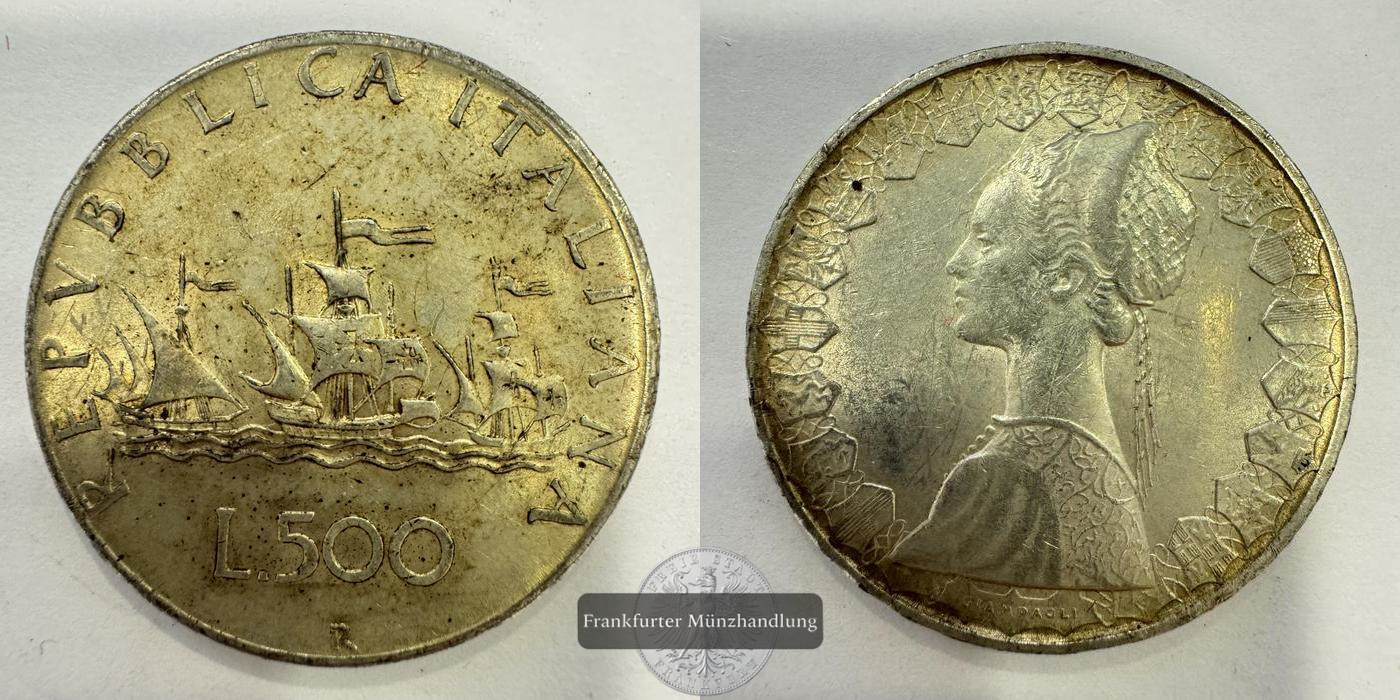  Italien 500 Lire 1958  Segelschiff - Flotte des Kolumbus  FM-Frankfurt  Feinsilber: 9,18g   