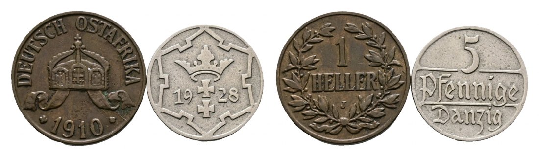  Deutsches Reich; Danzig Pfennnig 1928; Deutsch-Ostafrika Heller 1910   