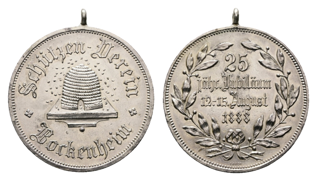  Medaille; SchützenVerein Borkenheim; 25jähr. Jubiläum 1888; gehenk.; versil. Bronze; 10,76g; 30,29mm   