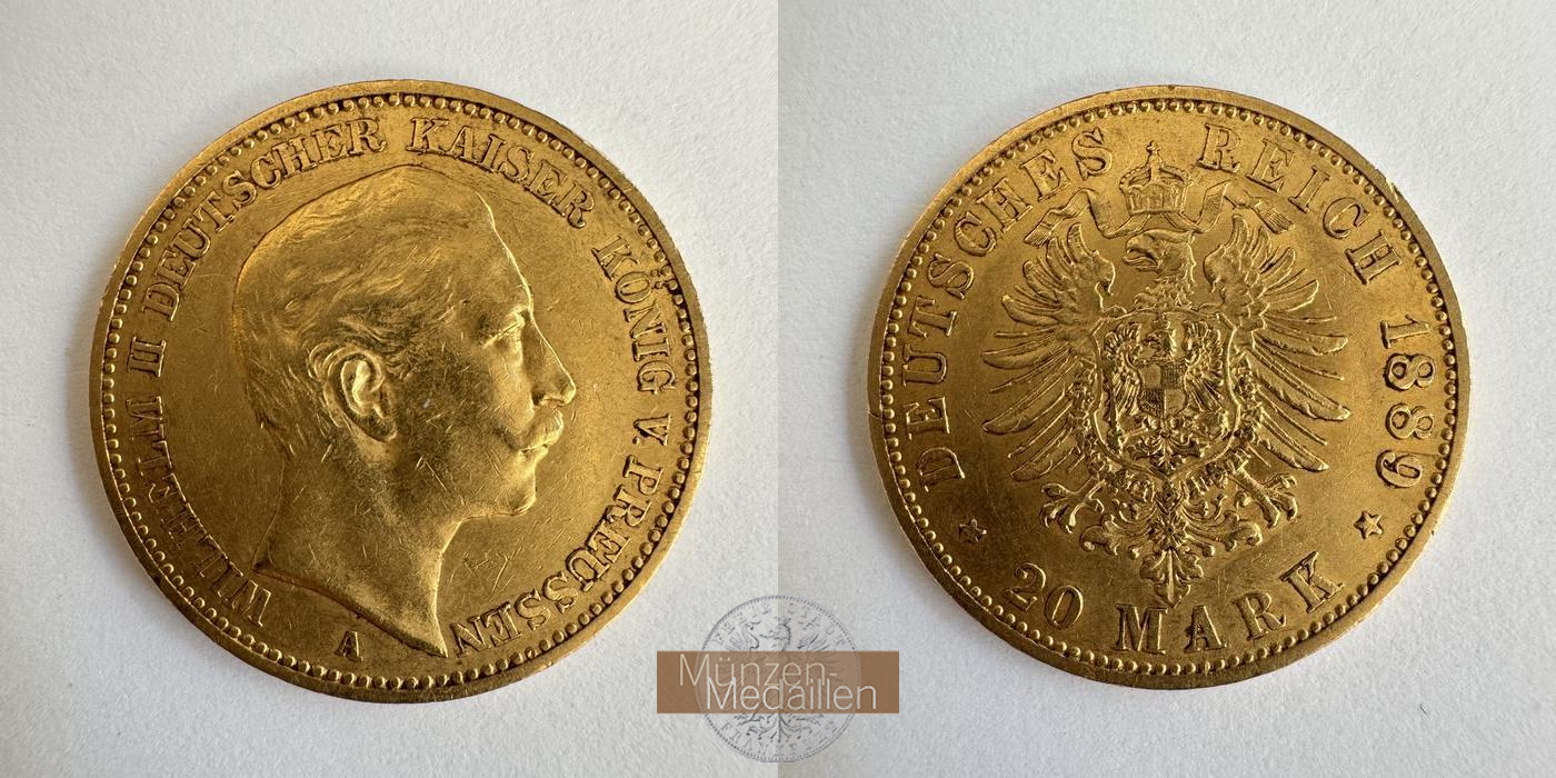  Dt. Reich Preußen 20 Mark William II 1889 (1888-89) A MM-Frankfurt KM#516 Feingold: 7,17g   