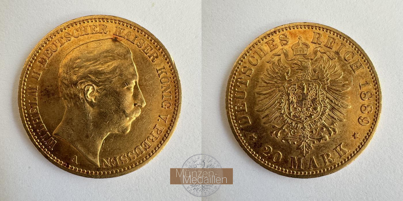  Dt. Reich Preußen 20 Mark William II 1889 (1888-89) A MM-Frankfurt KM#516 Feingold: 7,17g   
