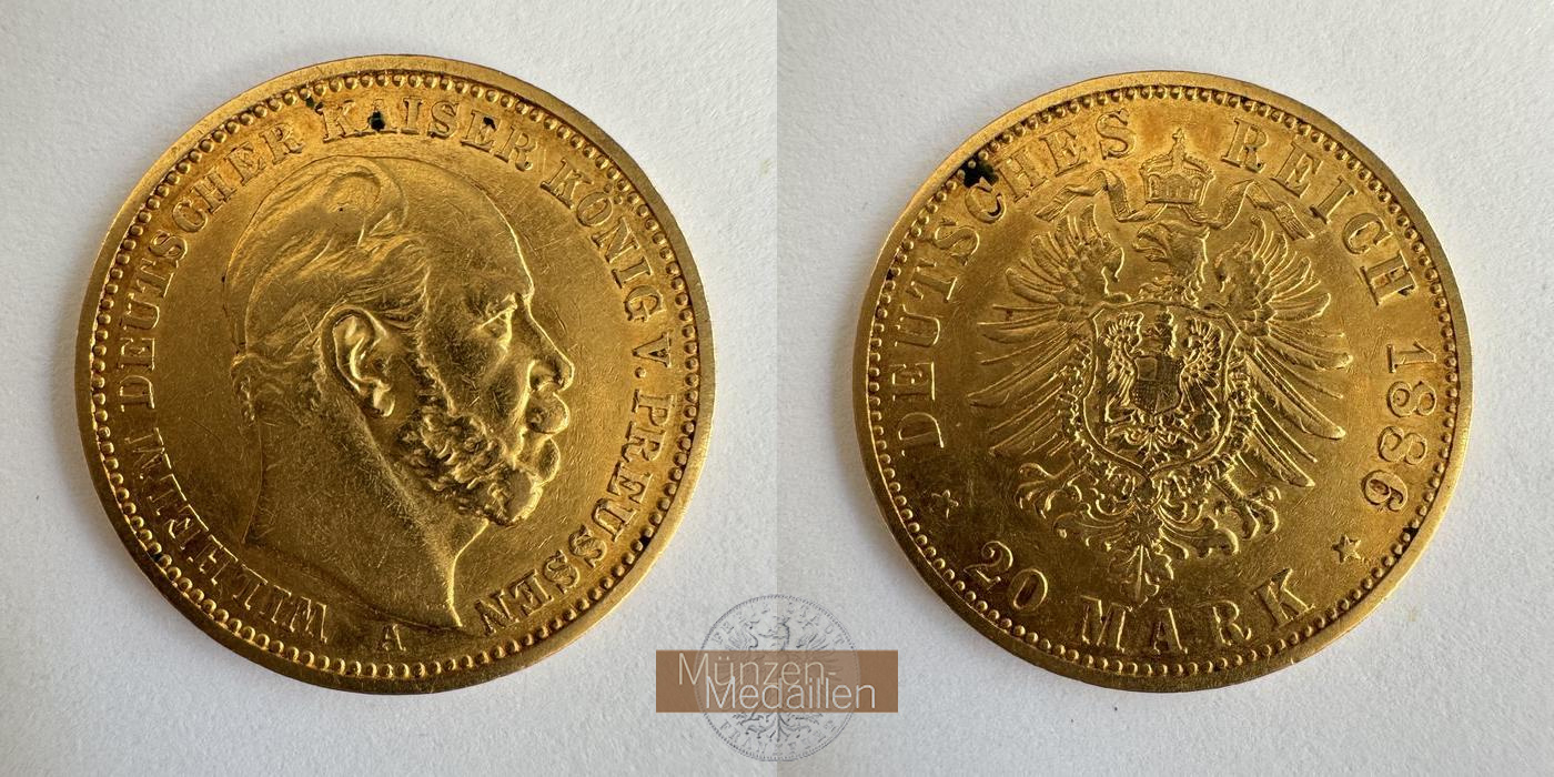 Dt. Kaiserreich Preussen, Wilhelm I. MM-Frankfurt KM#505 Feingold: 7,17g 20 Mark (1874-1888) 1886 A 