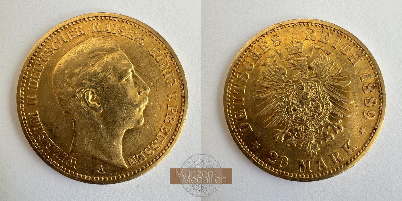  Dt. Reich Preußen 20 Mark William II 1889 (1888-89) A MM-Frankfurt KM#516 Feingold: 7,17g   