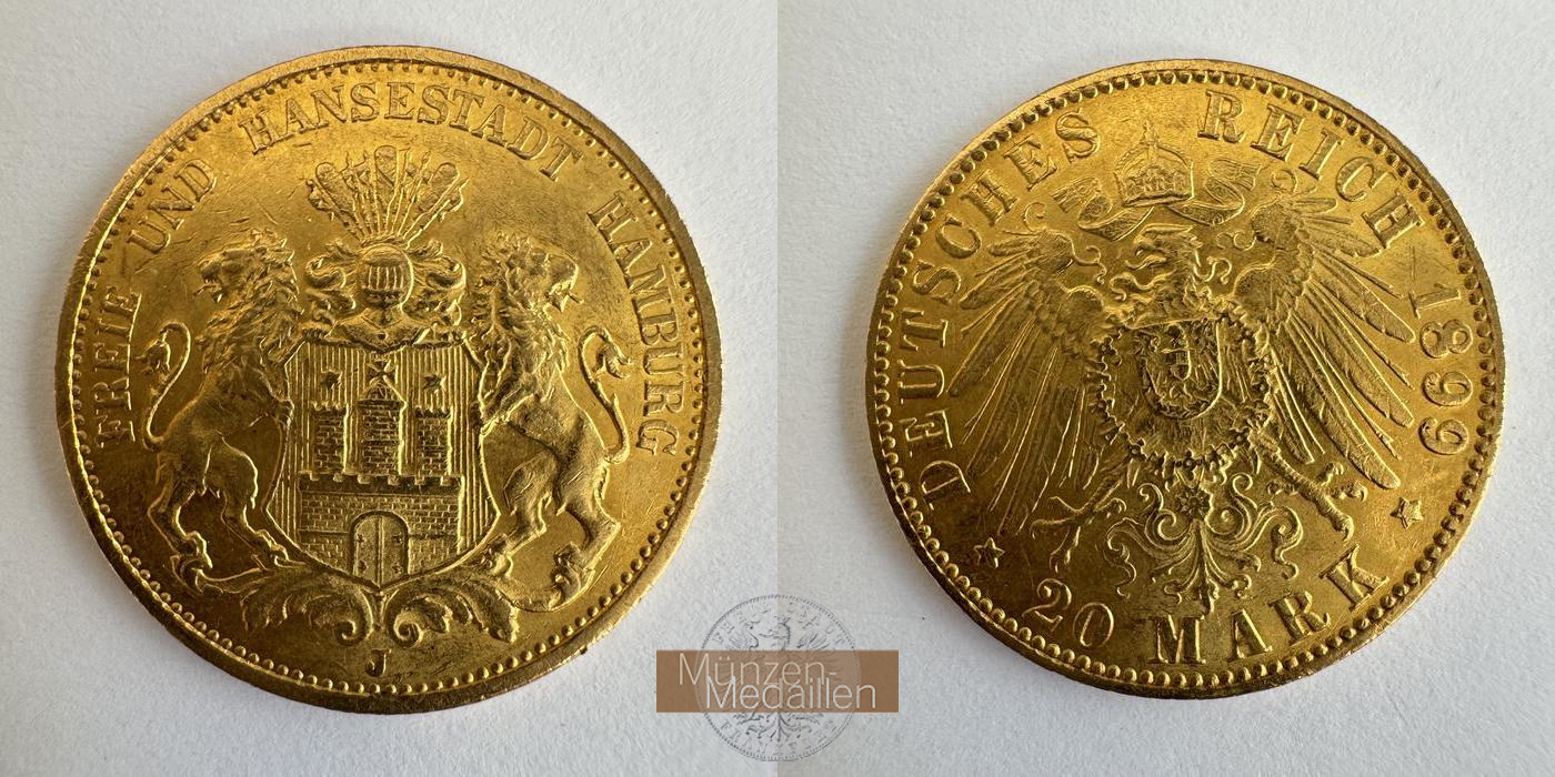 Deutsches Kaiserreich. Hamburg MM-Frankfurt KM#618 Feingold: 7,17g 20 Mark 1899 J (1893-1913)  