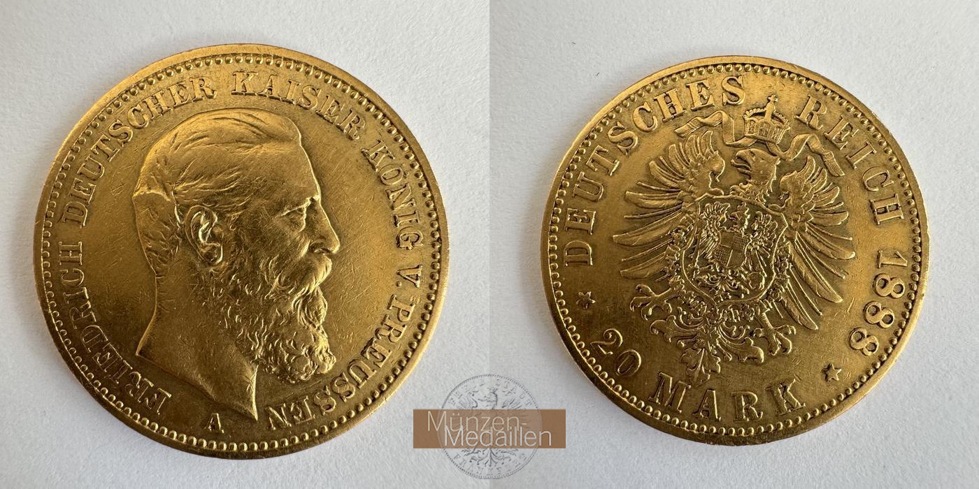 Dt. Kaiserreich Preussen, Friedrich III MM-Frankfurt KM#515 Feingold: 7,17g 20 Mark 1888 A 