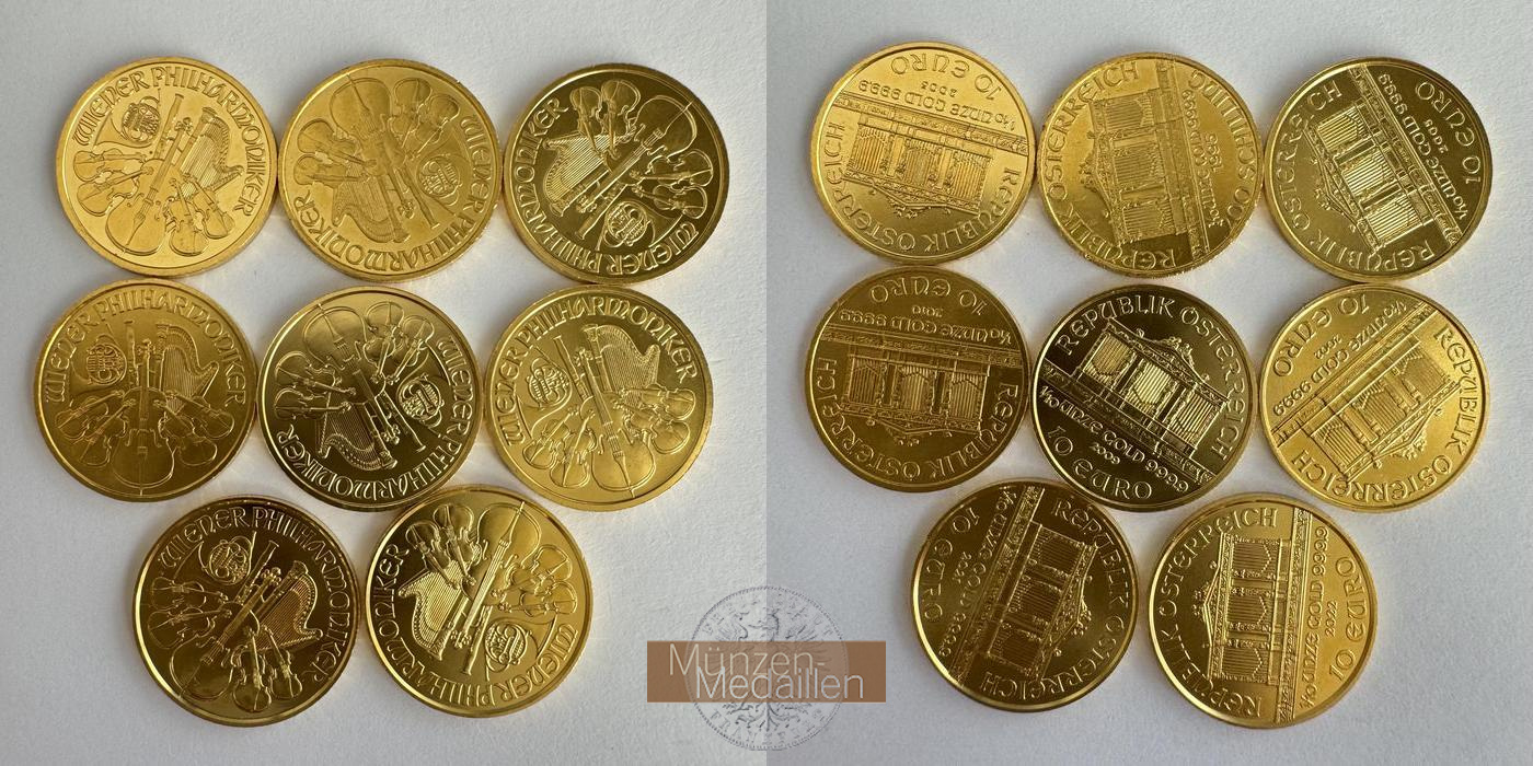  Österreich 1x 200 Schilling & 7x 10 Euros (Vienna Philharmonic) MM-Frankfurt Feingold: 24,96g   