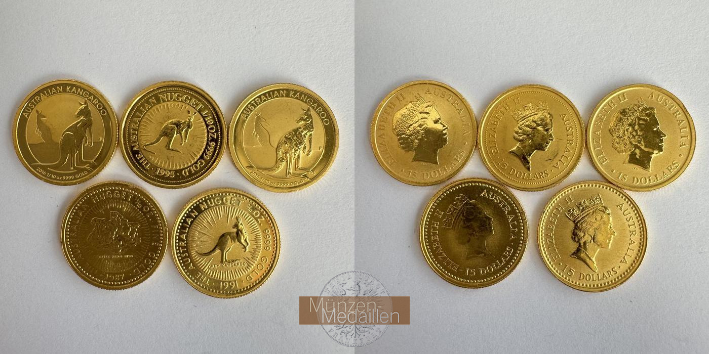  Australien 5 x 15 Dollars Kangaroo div. Jg. MM-Frankfurt Feingold: 15,65g   