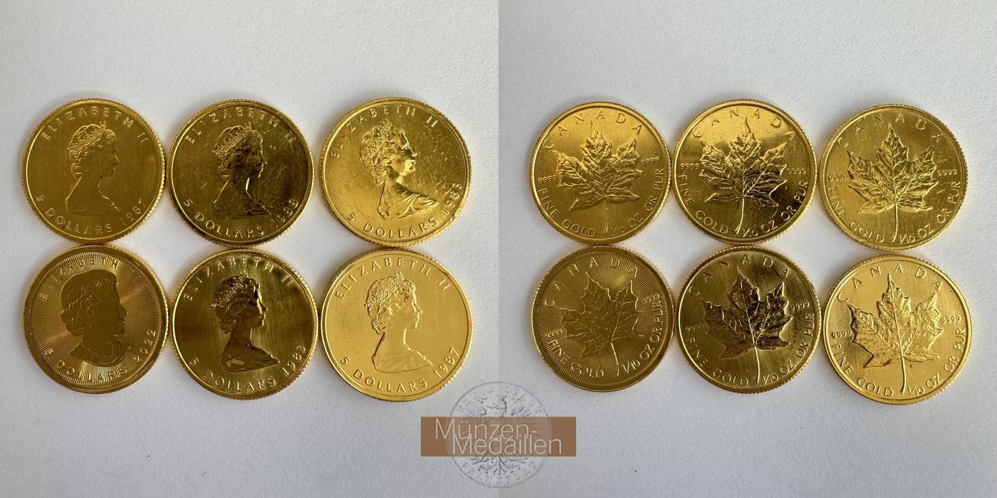  Kanada 6x 5 Dollars Maple Leaf (5x 20. & 1x 21. Jahrhundert) MM-Frankfurt Feingold: 18,66g   