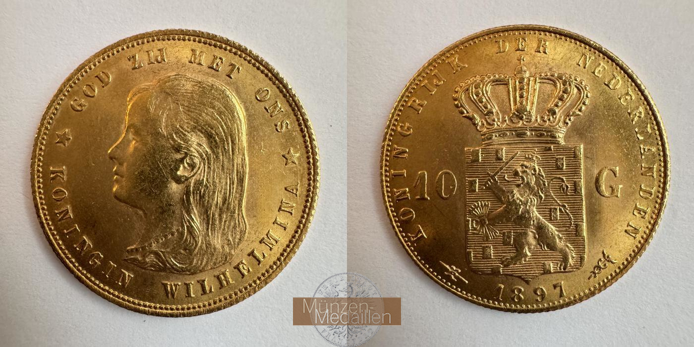 Niederlande, Wilhelmina I MM-Frankfurt KM#118 Feingold: 6,05g 10 Gulden (1892-1897) 1897 