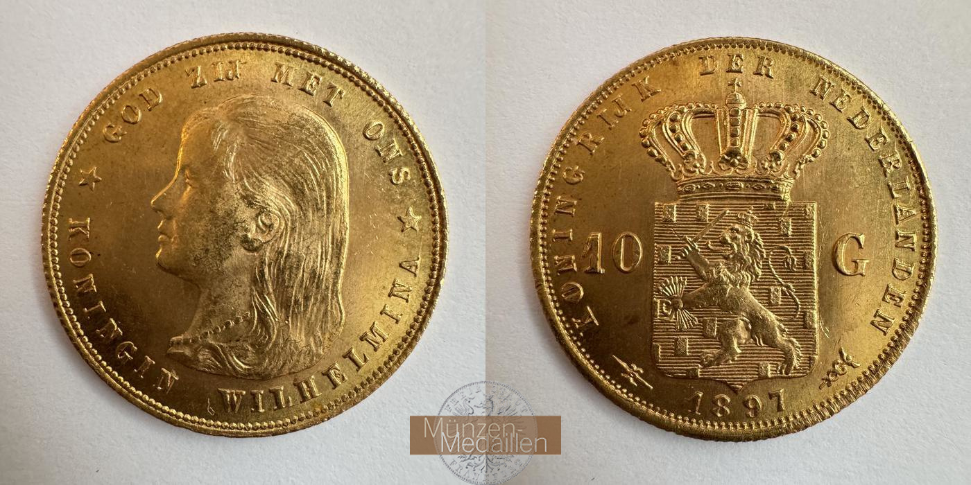 Niederlande, Wilhelmina I MM-Frankfurt KM#118 Feingold: 6,05g 10 Gulden (1892-1897) 1897 