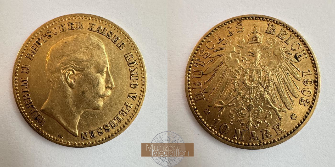 Dt. Kaiserreich Preussen, Wilhelm II MM-Frankfurt KM#520 Feingold: 3,58g 10 Mark (1890-1912) 1903 A 