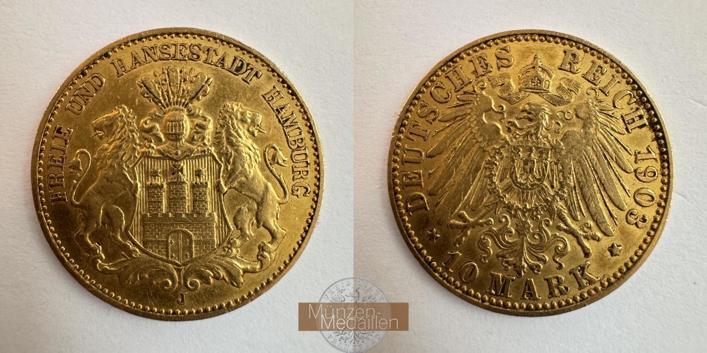 Deutsches Kaiserreich, Hamburg MM-Frankfurt KM#608 Feingold: 3,58g 10 Mark 1903 'J' 