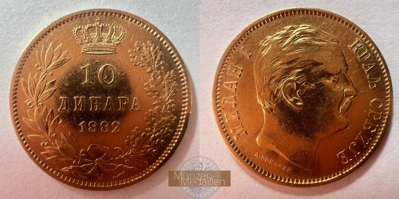  Serbia 10 Dinars - Milan I 1882 MM-FRANKFURT KM#16 Feingold: 2,9g   