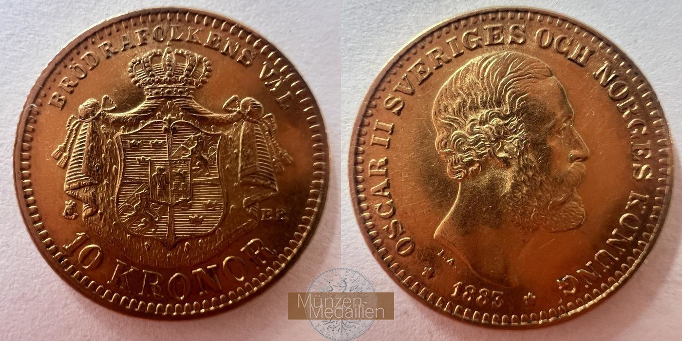 Schweden Oscar II MM-Frankfurt KM#743 Feingold: 4,03g 10 Kronen 1883 