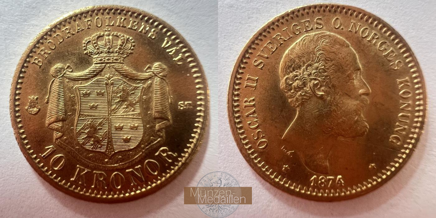 Schweden Oscar II MM-Frankfurt KM#743 Feingold: 4,03g 10 Kronen 1874 