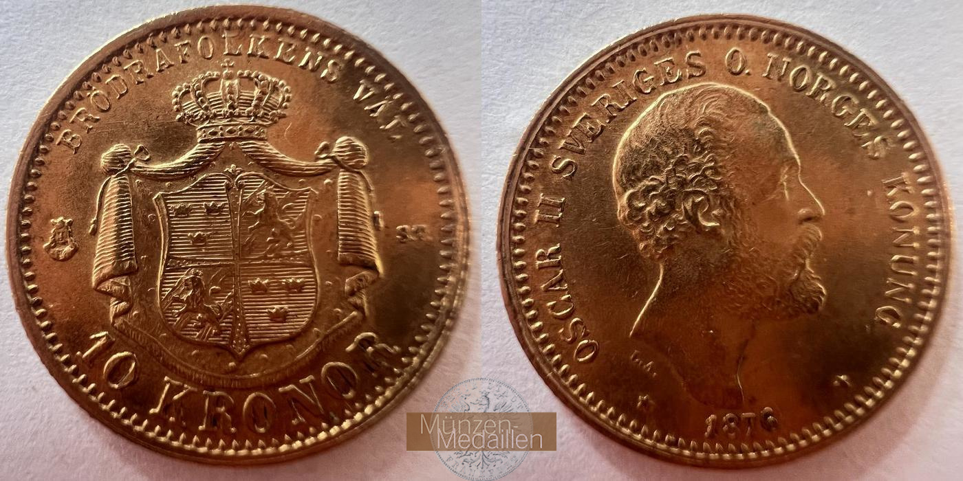 Schweden Oscar II MM-Frankfurt KM#743 Feingold: 4,03g 10 Kronen 1876 