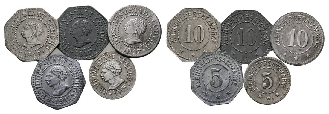 Bayern; Coburg; Residenzstadt Coburg 1917; Kleingeldersatzmarken (5, 10); Menzel 4577 (5 Stück)   