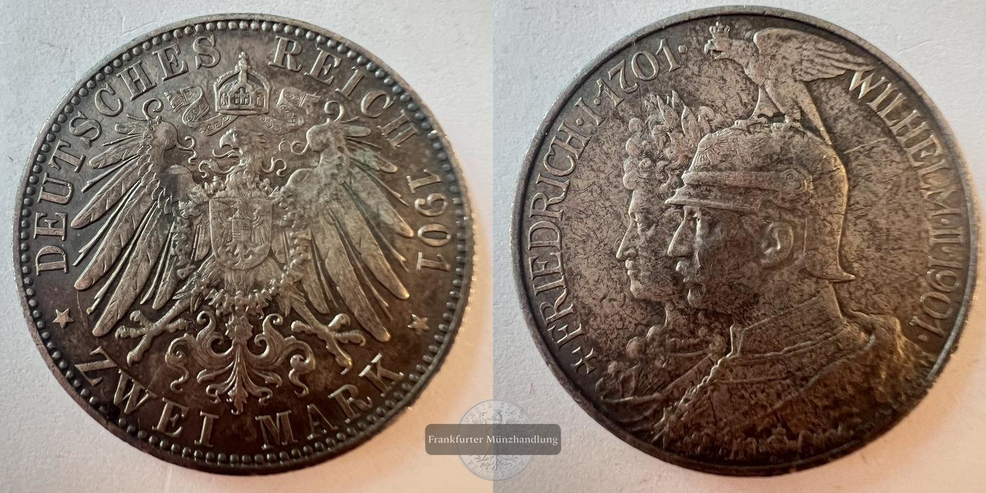  Deutschland Kaiserreich 2 Mark 1901 200 Jahre Preußen FM-Frankfurt KM#525 Feinsilber: 10g   