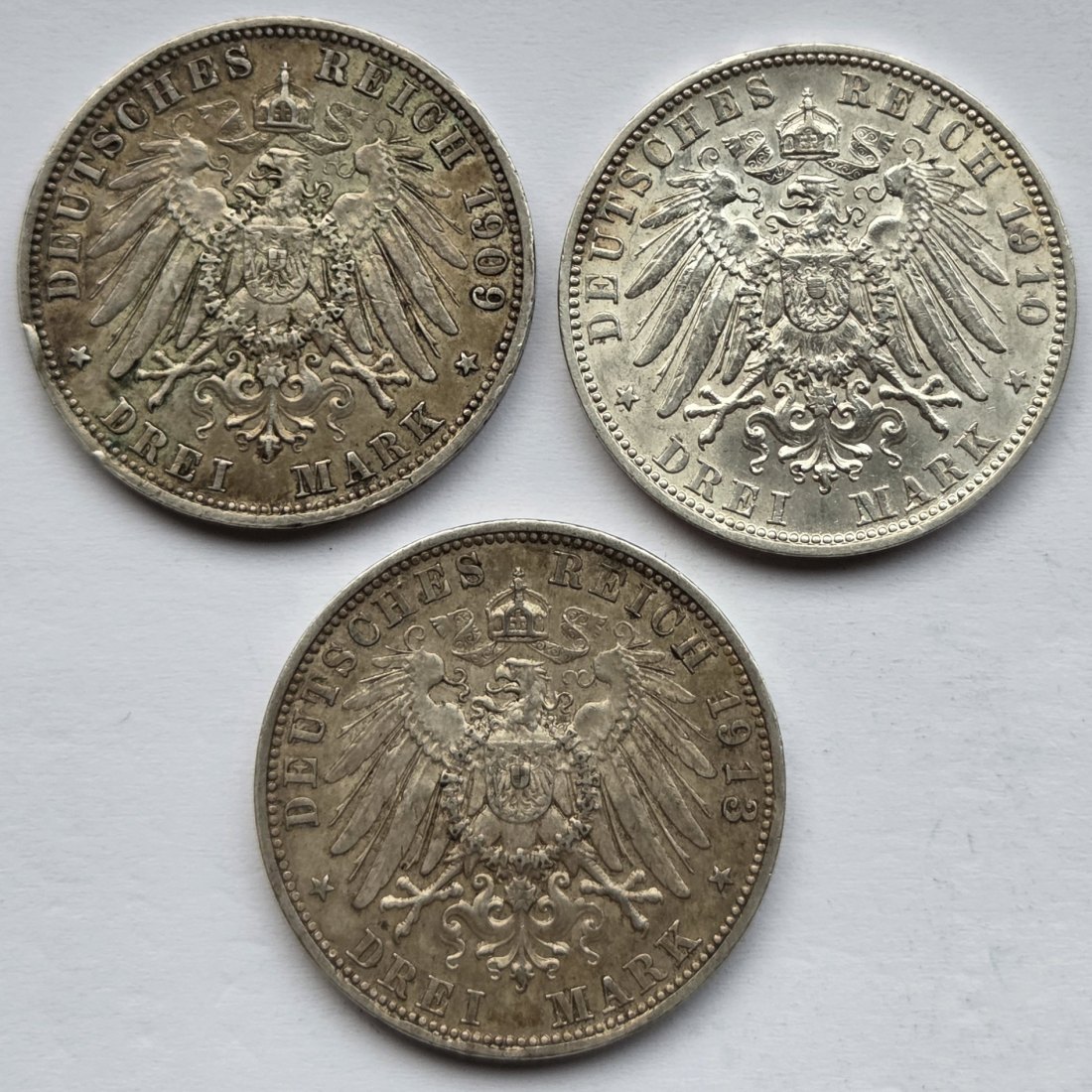  Kaiserreich: Bayern, 3 Mark Otto (Jaeger 47), 3 Stück (1909 + 1910 + 1913)   