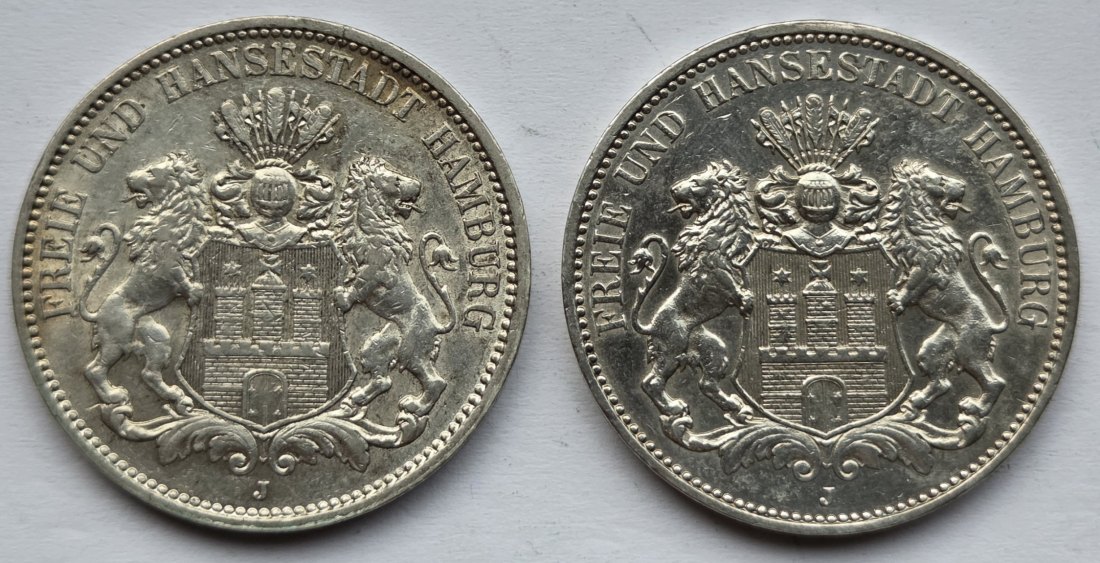  Kaiserreich: Hamburg, 3 Mark (Jaeger 64), 2 Stück (1912 + 1913)   