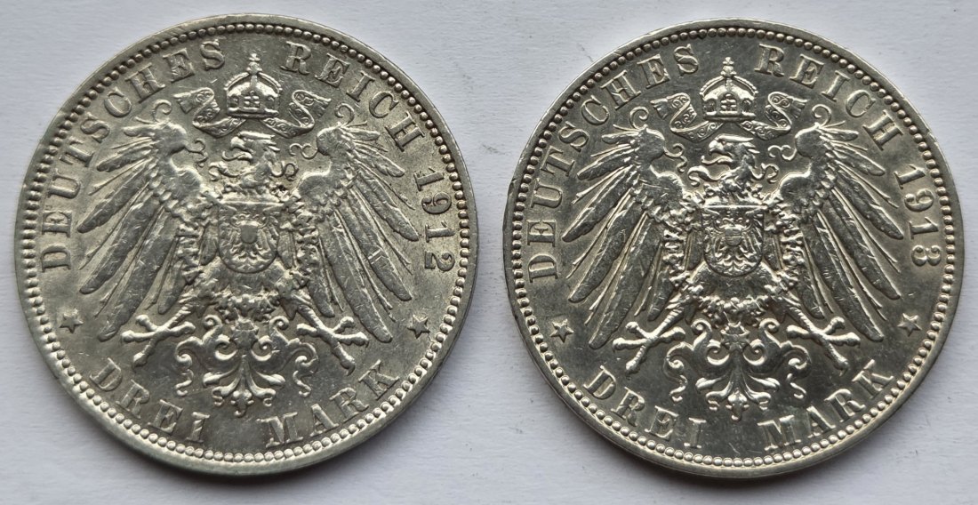  Kaiserreich: Hamburg, 3 Mark (Jaeger 64), 2 Stück (1912 + 1913)   