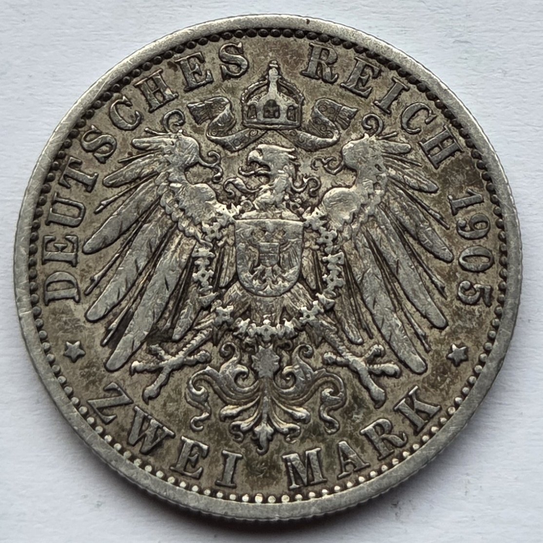  Kaiserreich: Mecklenburg-Strelitz, 2 Mark Adolf Friedrich V. (Jaeger 91), 1905, selten   