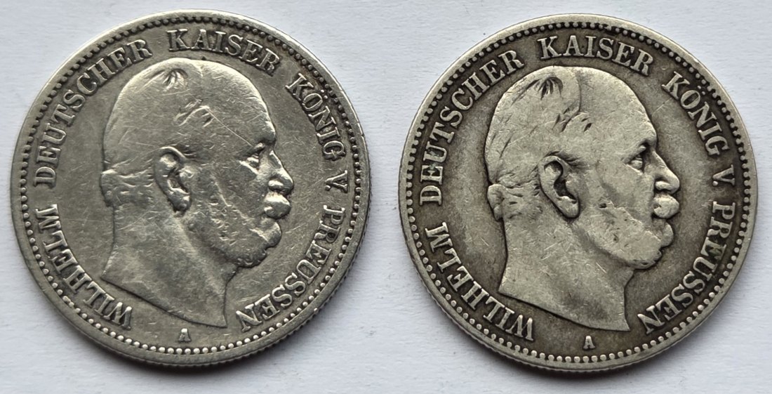  Kaiserreich: Preußen, 2 Mark Wilhelm I. (Jaeger 96), 2 Stück (1876 A + 1877 A)   